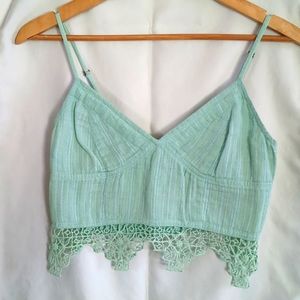 Free People  | seafoam green crop top with lace edge - size S/M